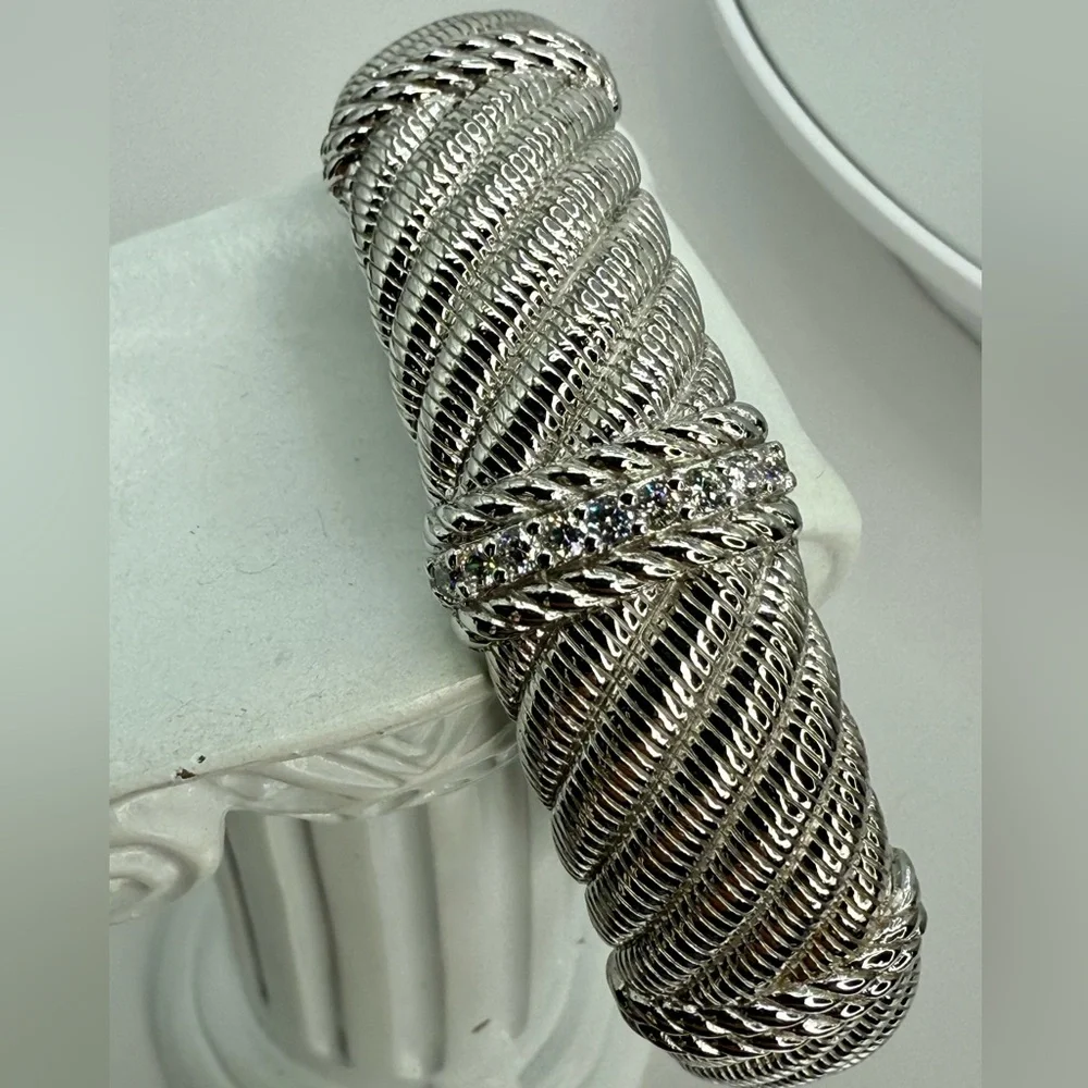 Vintage Judith Ripka Sterling Silver Cuff Bracelet with White Crystals 6.5”